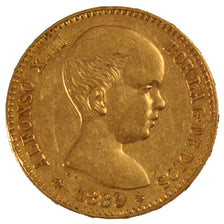 SPAIN, 20 Pesetas, 1889, Madrid, KM #693, AU(50-53), Gold, 6.41