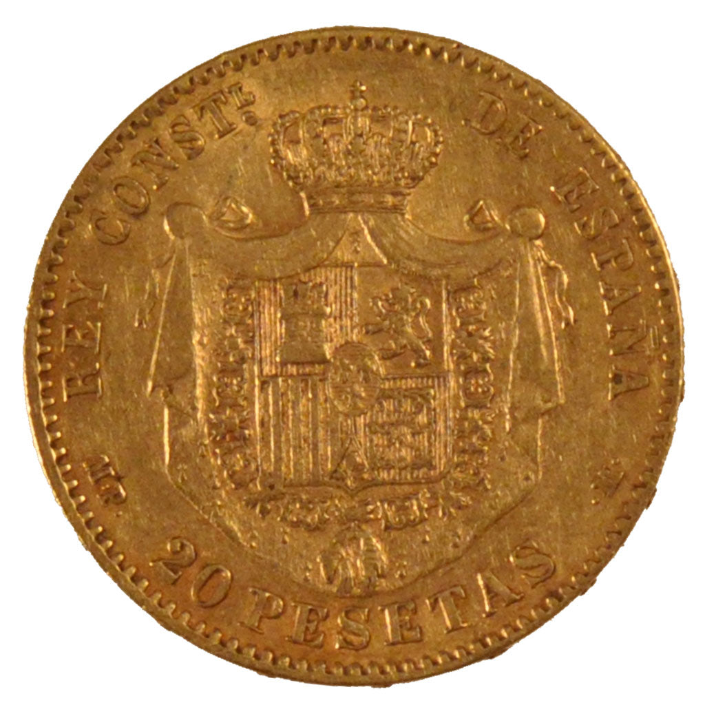 SPAIN, 20 Pesetas, 1889, Madrid, KM #693, AU(50-53), Gold, 6.41