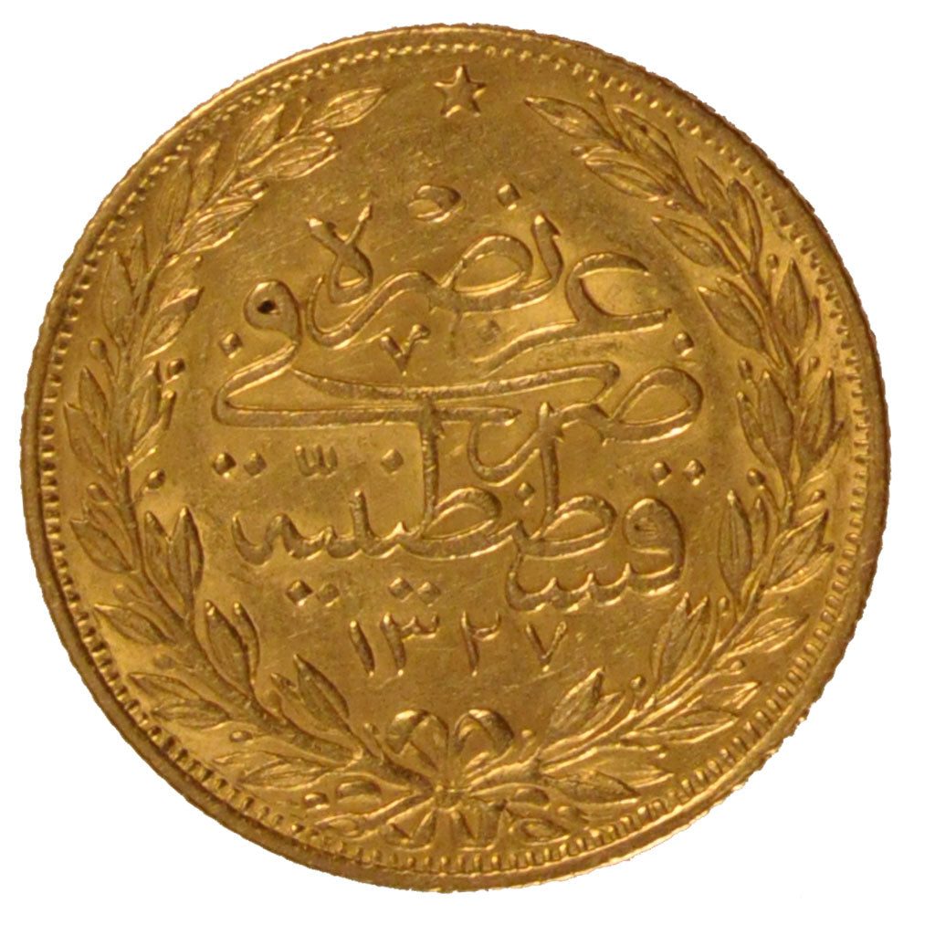 TURKEY, 100 Kurush, 1912, Qustantiniyah, KM #754, AU(50-53), Gold, 7.18