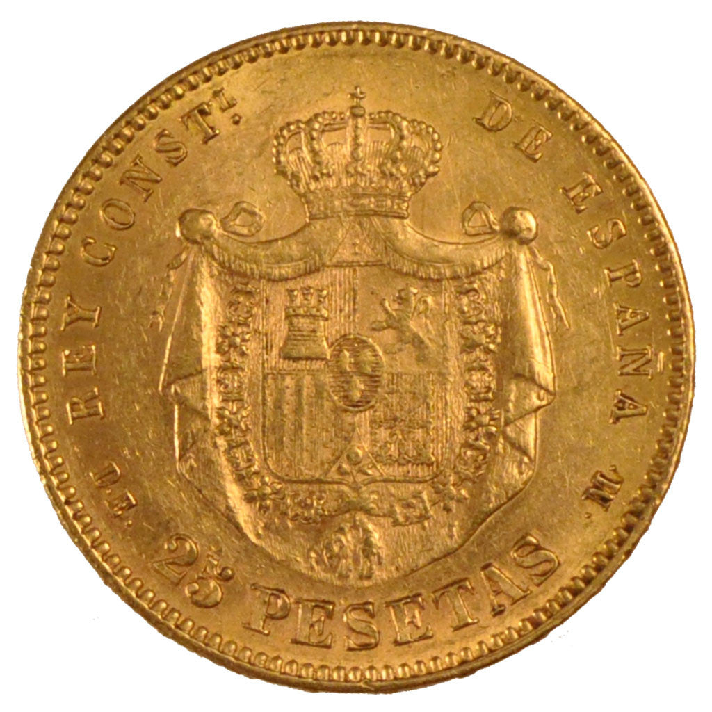 SPAIN, 25 Pesetas, 1877, Madrid, KM #673, AU(55-58), Gold, 8.08