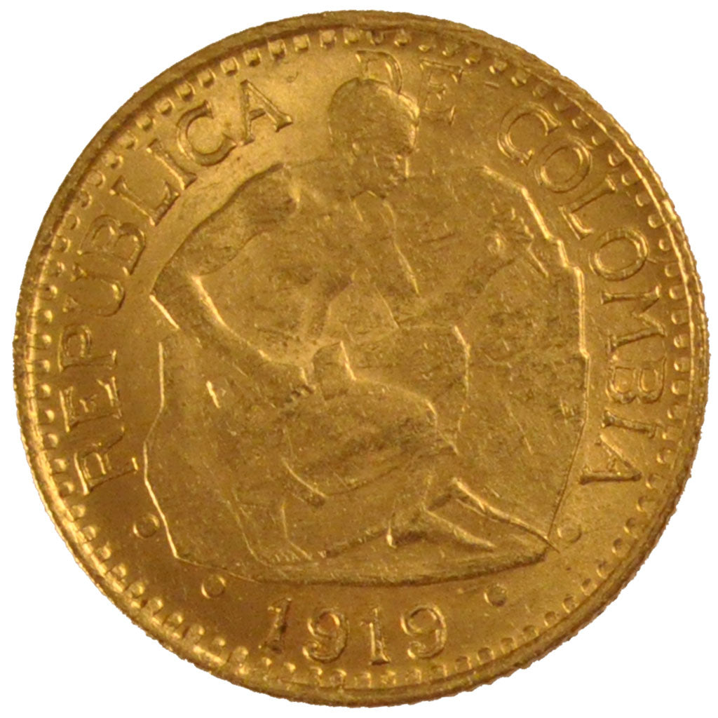 COLOMBIA, 5 Pesos, 1919, KM #195.2, AU(55-58), Gold, 8.00