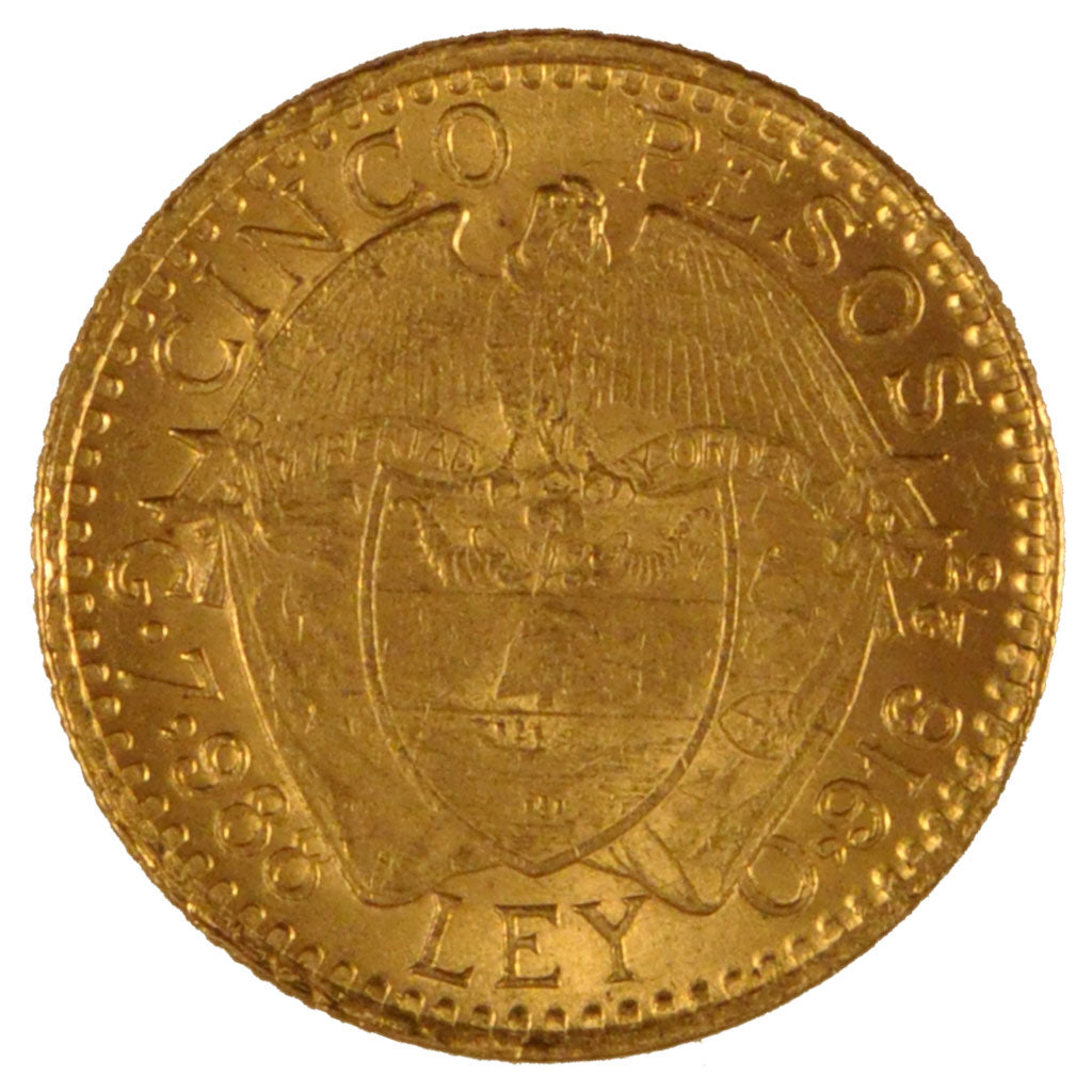 COLOMBIA, 5 Pesos, 1919, KM #195.2, AU(55-58), Gold, 8.00