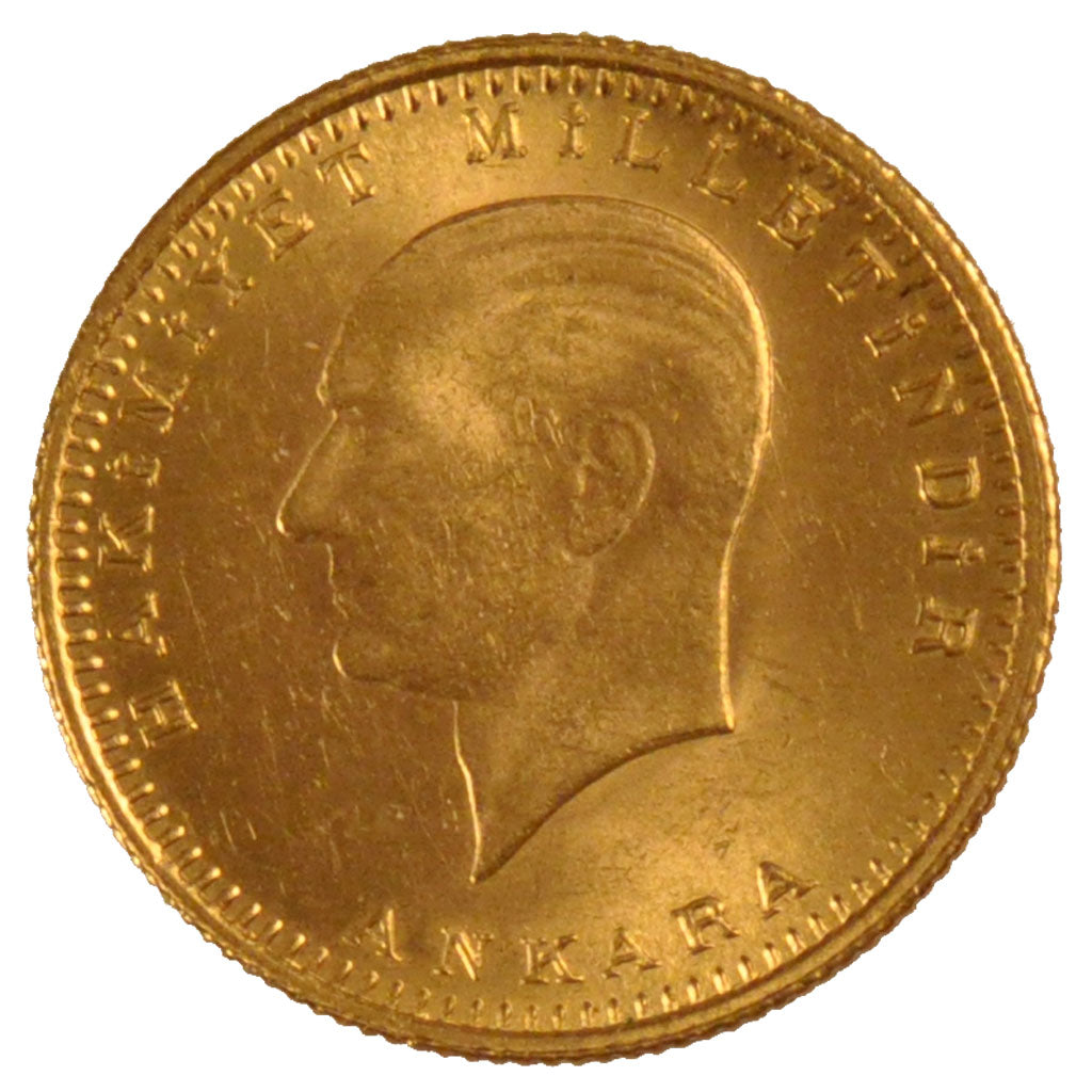 TURKEY, 100 Kurush, 1958, KM #855, AU(55-58), Gold, 7.24