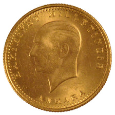 TURKEY, 100 Kurush, 1958, KM #855, AU(55-58), Gold, 7.24