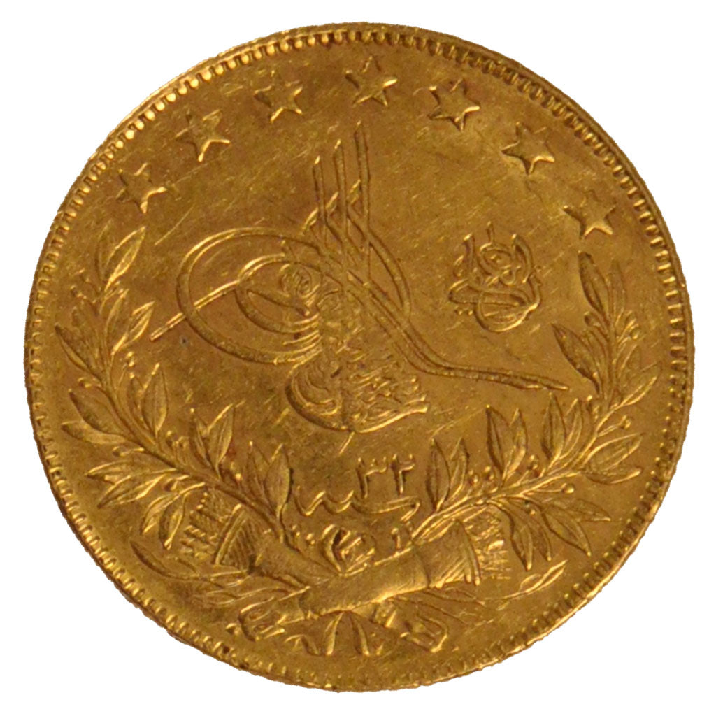 TURKEY, 100 Kurush, 1908, Qustantiniyah, KM #730, AU(50-53), Gold, 7.24