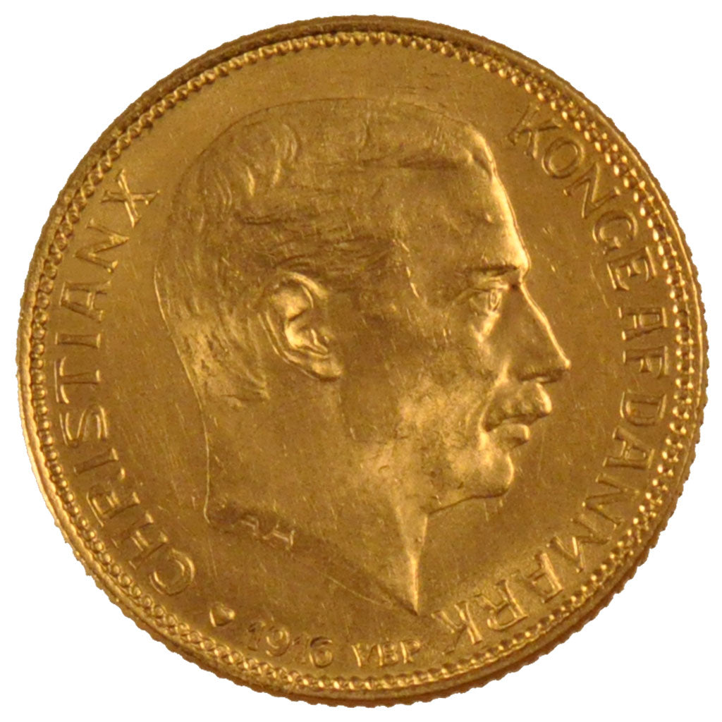 DENMARK, 20 Kroner, 1916, Copenhagen, KM #817.1, AU(55-58), Gold, 8.98
