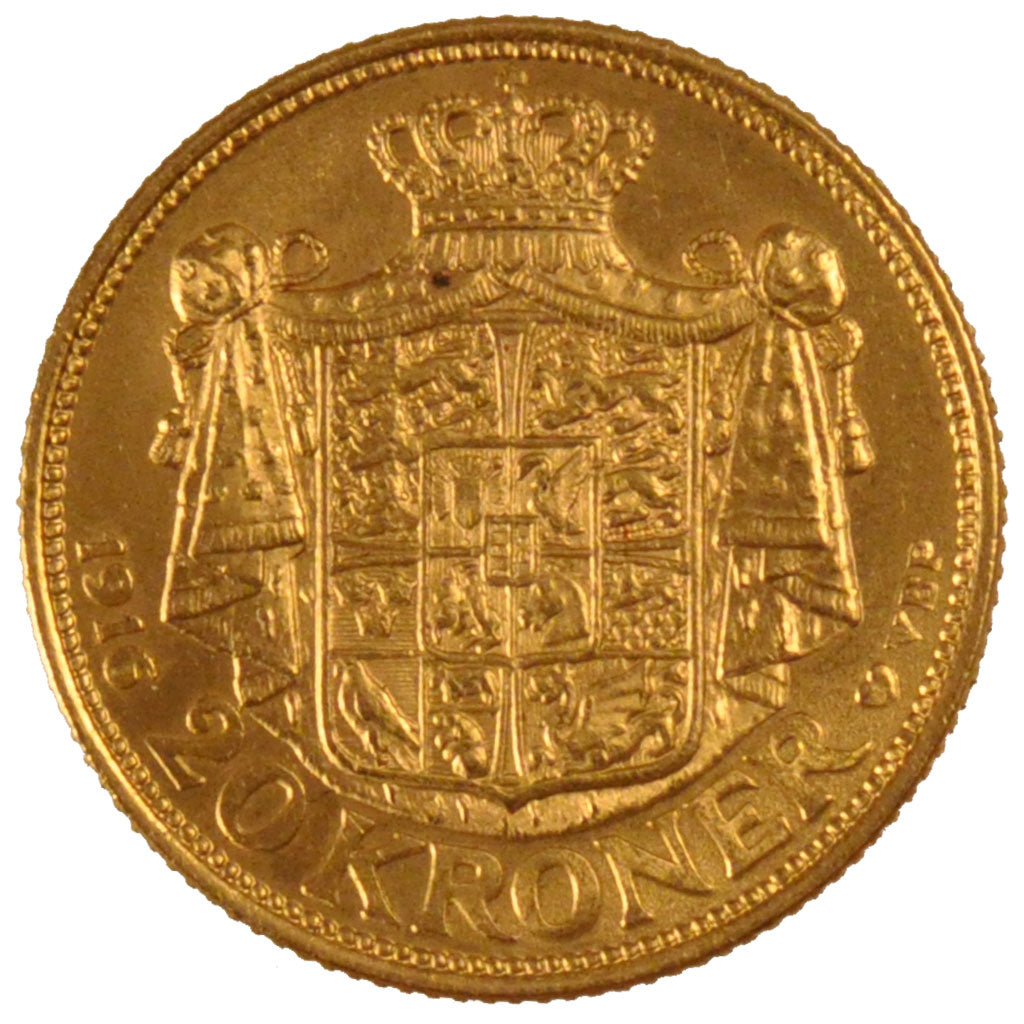 DENMARK, 20 Kroner, 1916, Copenhagen, KM #817.1, AU(55-58), Gold, 8.98