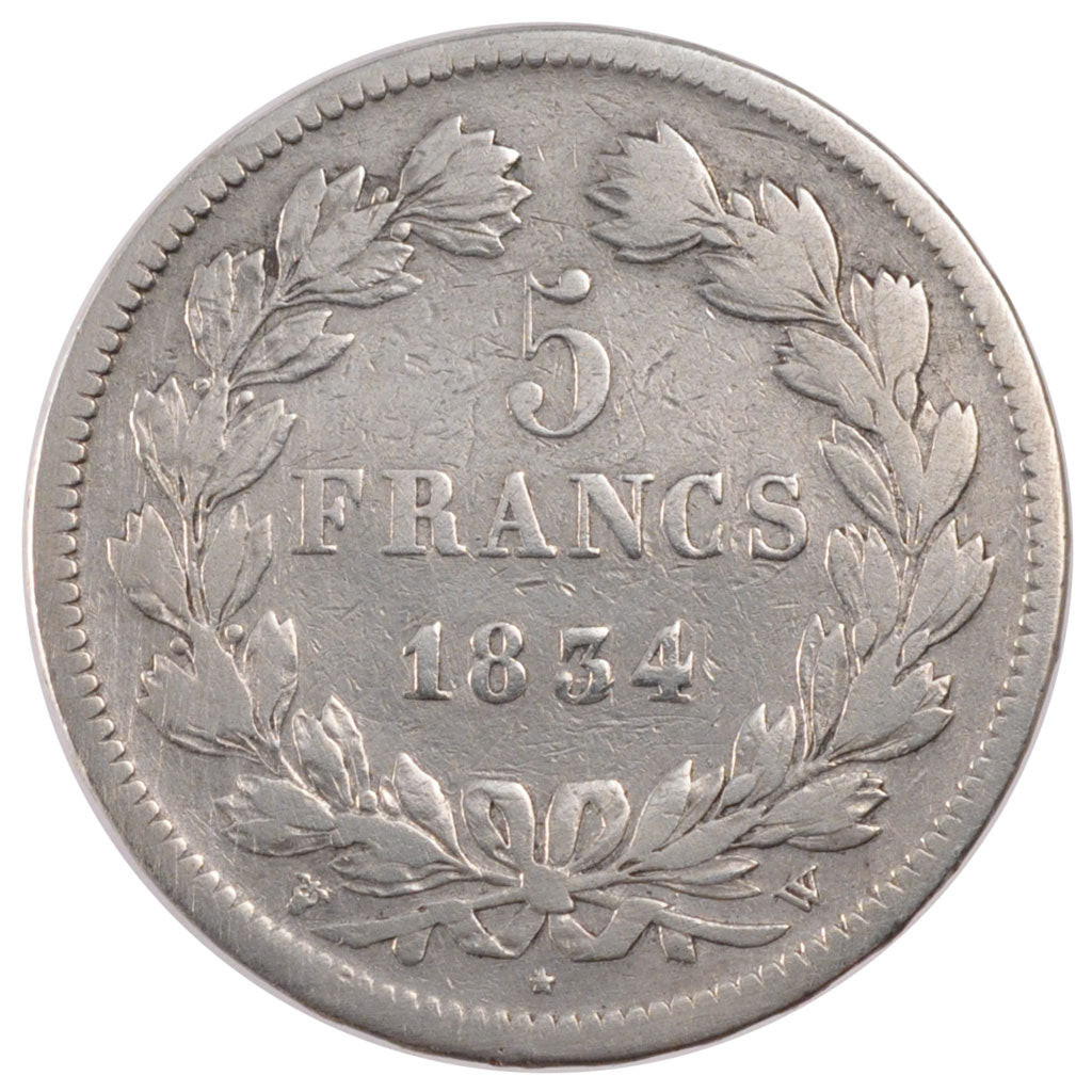 FRANCE, Louis-Philippe, 5 Francs, 1834, Lille, KM #749.13, VF(20-25), Silver,...