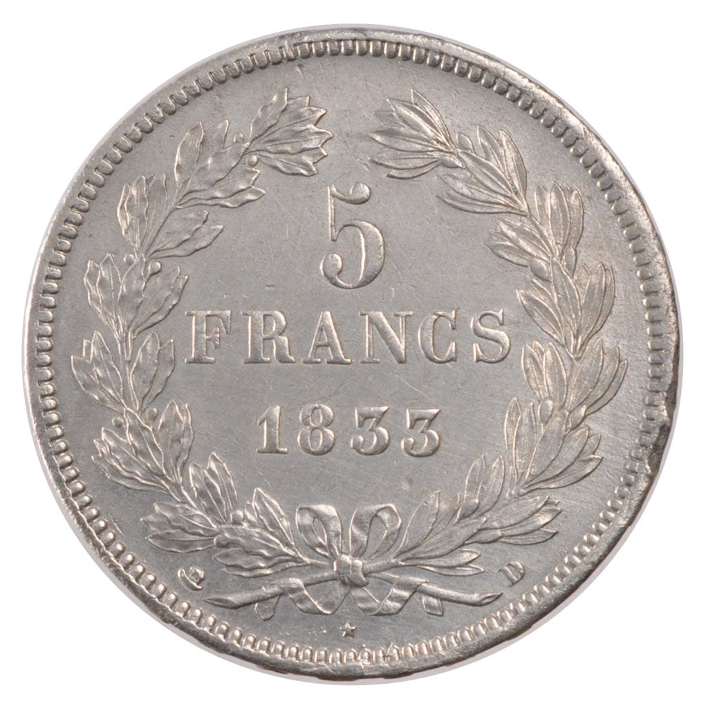 Coin, France, Louis-Philippe, 5 Francs, 1833, Lyon, AU(55-58), Silver, KM:749.4