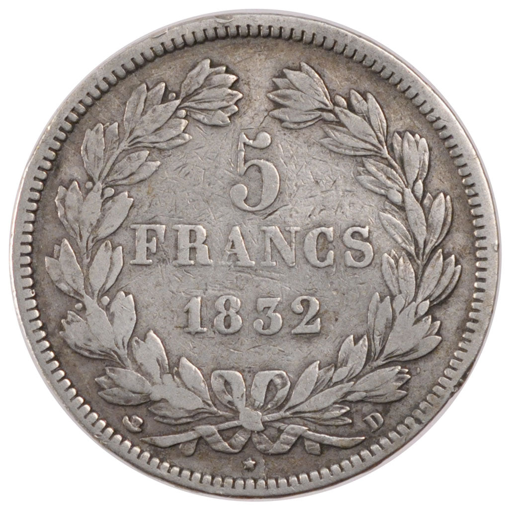 FRANCE, Louis-Philippe, 5 Francs, 1832, Lyon, KM #749.4, VF(30-35), Silver,...