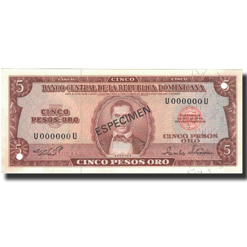 Billet, Dominican Republic, 5 Pesos Oro, 1975, 1975, Specimen, KM:109s, NEUF