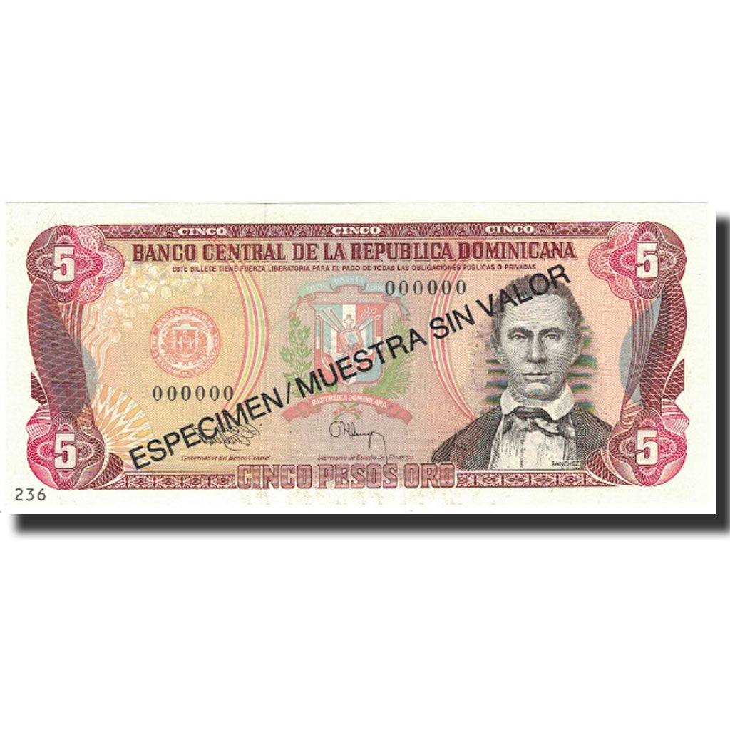 Billete, 5 Pesos Oro, 1993, República Dominicana, 1993, Specimen, KM:143s, UNC