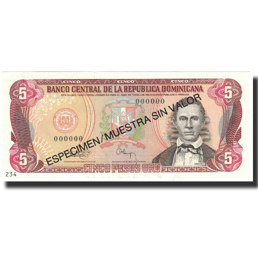 Billete, 5 Pesos Oro, 1993, República Dominicana, 1993, Specimen, KM:143s, UNC