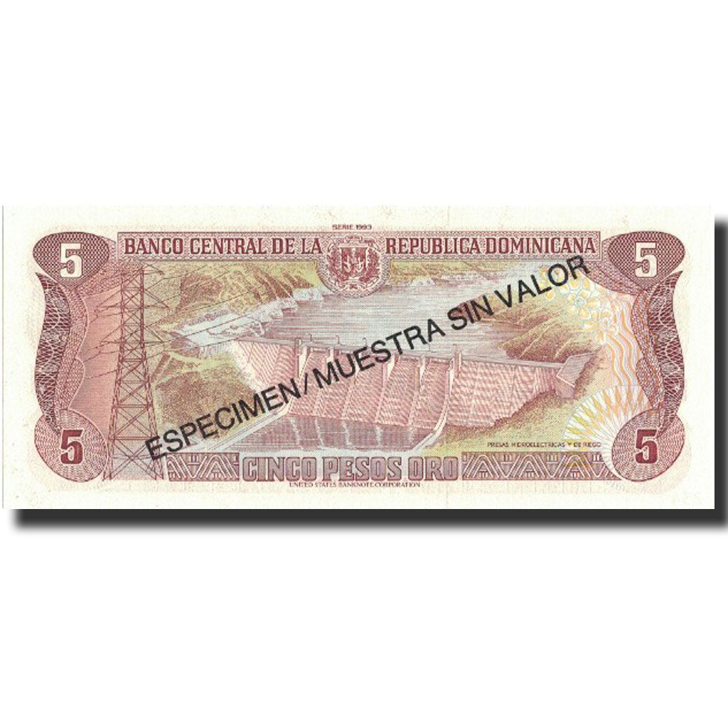 Billete, 5 Pesos Oro, 1993, República Dominicana, 1993, Specimen, KM:143s, UNC