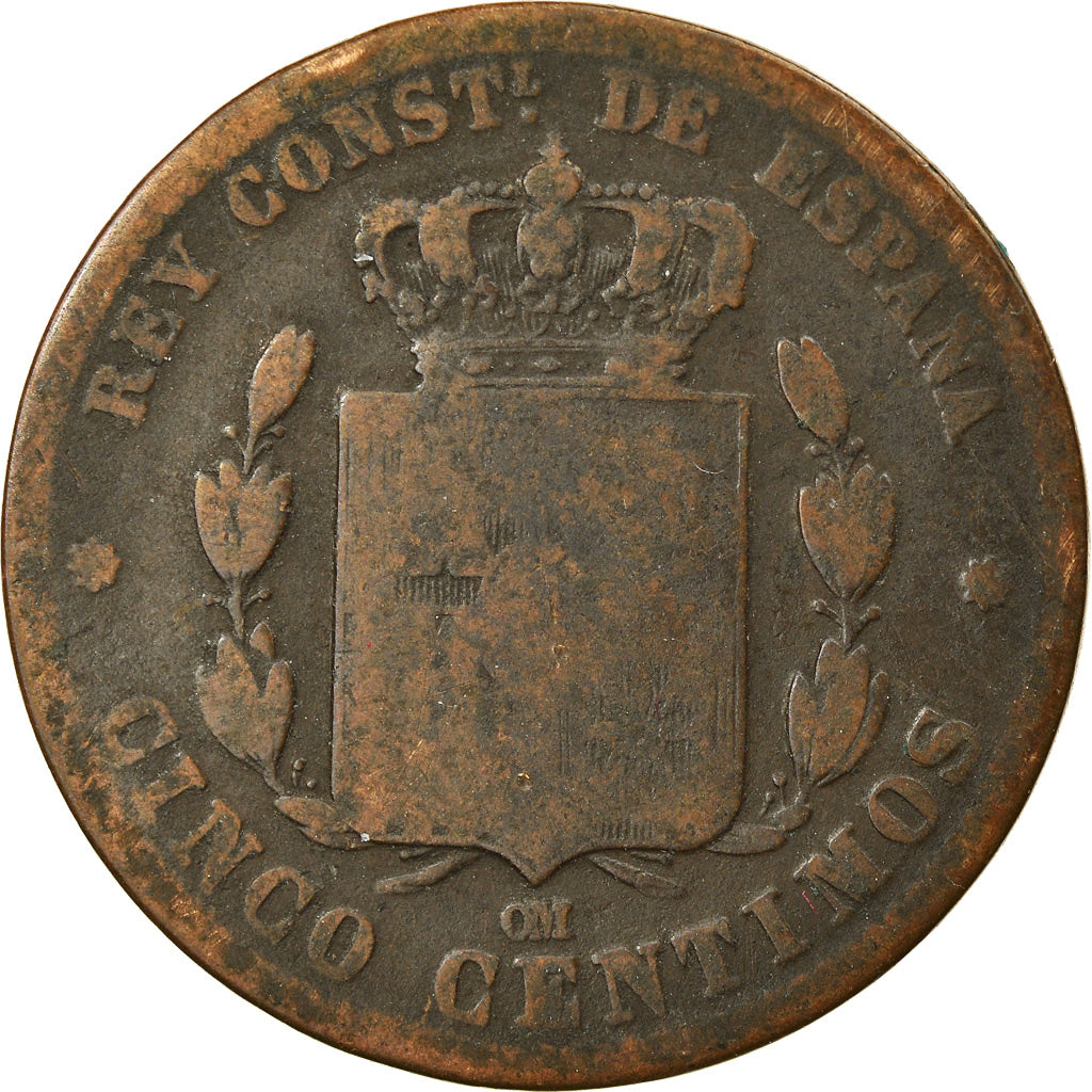 Coin, Spain, Alfonso XII, 5 Centimos, 1878, VF(20-25), Bronze, KM:674