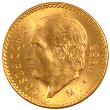 MEXICO, 5 Pesos, 1955, Mexico City, KM #464, AU(55-58), Gold, 19, 4.17