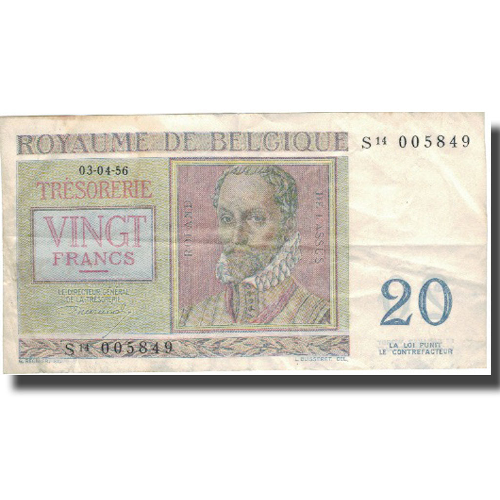 Banknote, Belgium, 20 Francs, 1956, 1956-04-03, KM:132b, AU(50-53)