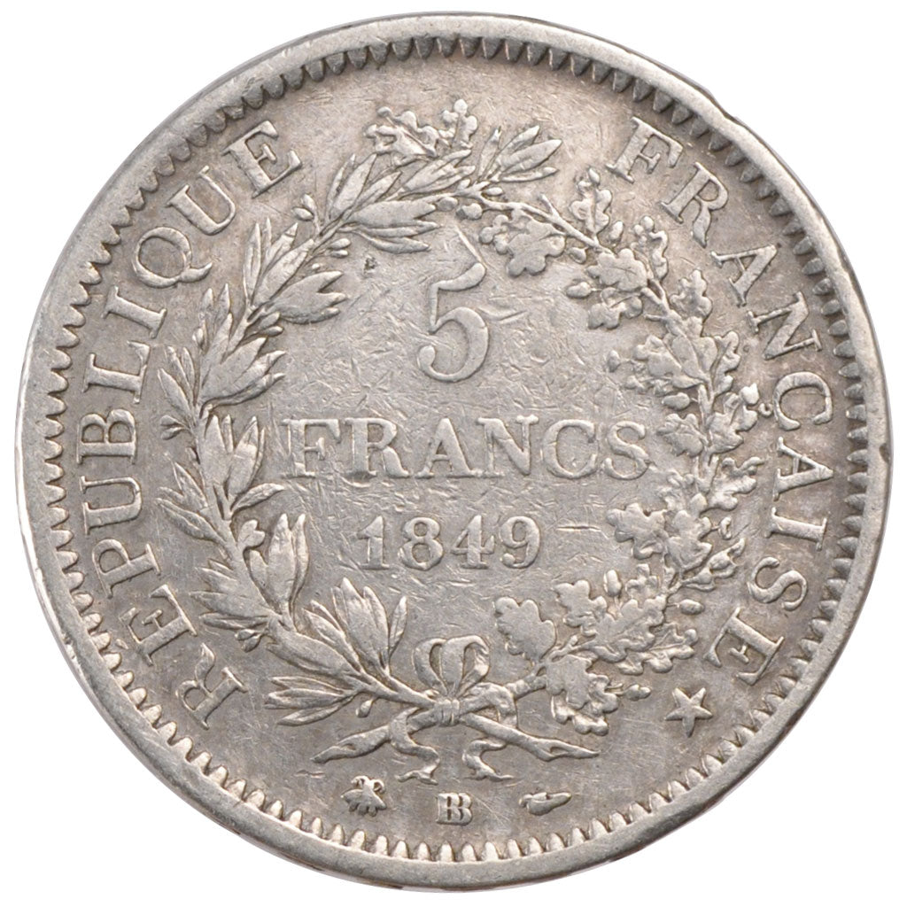 FRANCE, Hercule, 5 Francs, 1849, Strasbourg, KM #756.2, EF(40-45), Silver,...