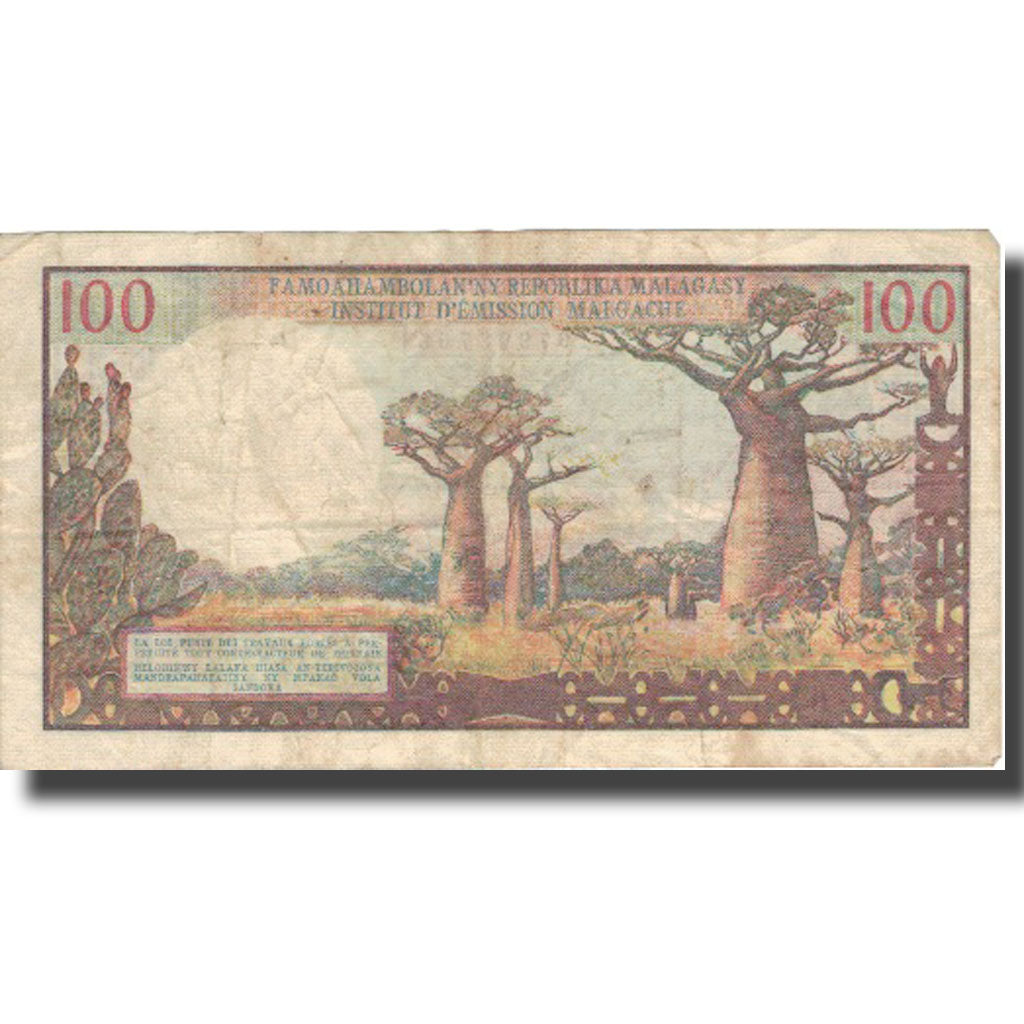 Banknote, Madagascar, 100 Francs =  20 Ariary, 1966, 1966, KM:57a, VF(20-25)
