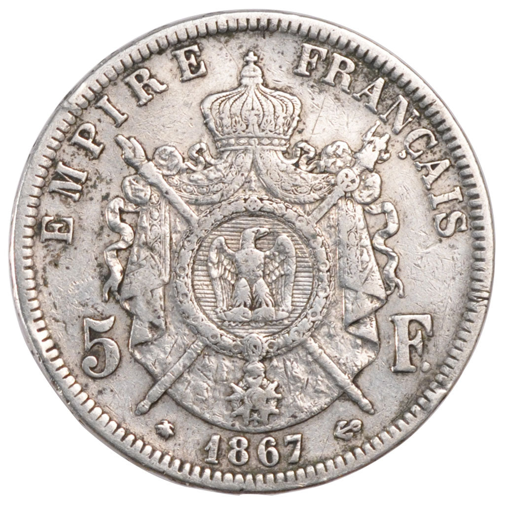 FRANCE, Napoléon III, 5 Francs, 1867, Paris, KM #799.1, EF(40-45), Silver, G...