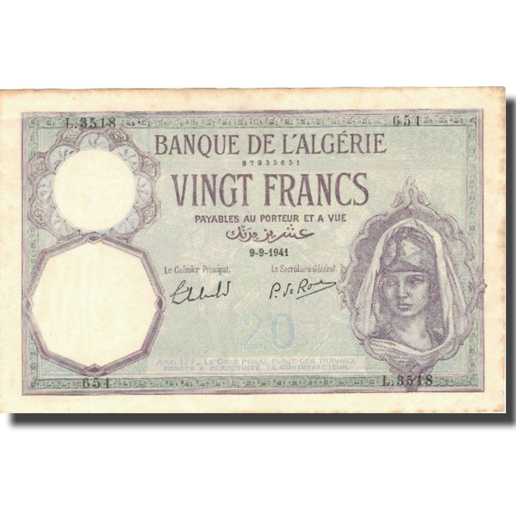 Geldschein, Algeria, 20 Francs, 1941, 1941-09-09, KM:78c, SS+