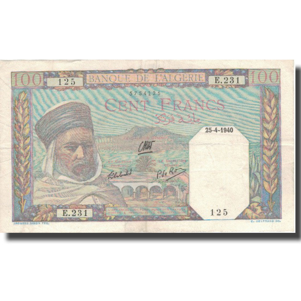 Geldschein, Algeria, 100 Francs, 1940, 1940-04-25, KM:85, SS+