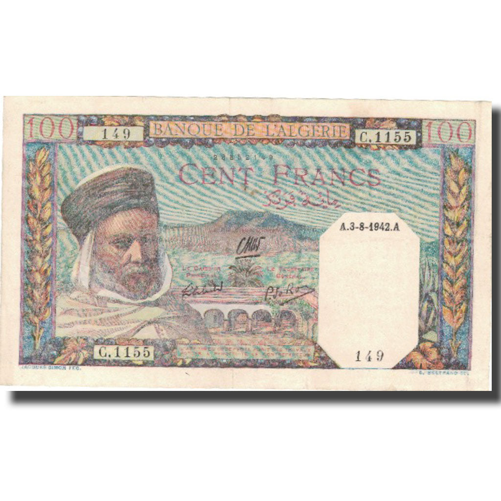 Geldschein, Algeria, 100 Francs, 1942, 1942-08-03, KM:88, VZ+