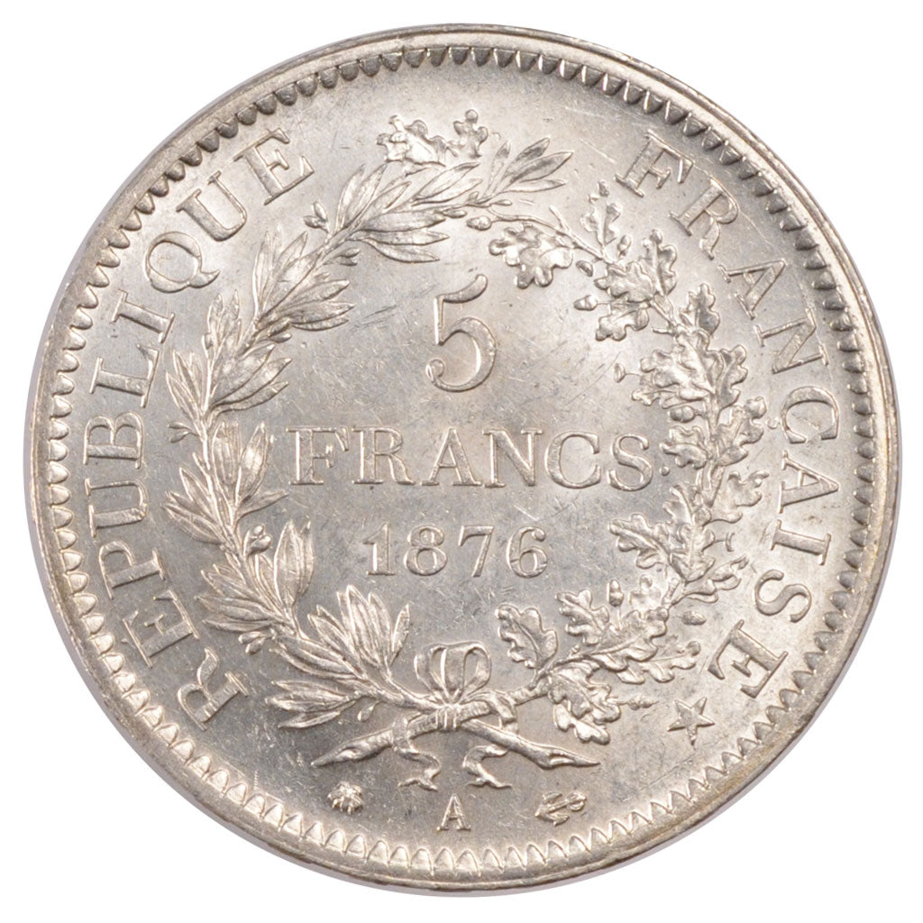 FRANCE, Hercule, 5 Francs, 1876, Paris, KM #820.1, MS(60-62), Silver, Gadoury...