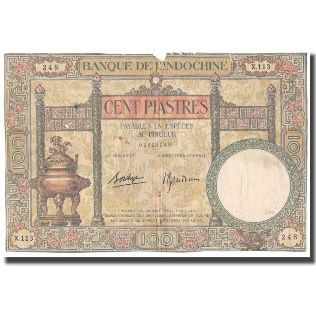 Banconote, INDOCINA FRANCESE, 100 Piastres, KM:51d, B+