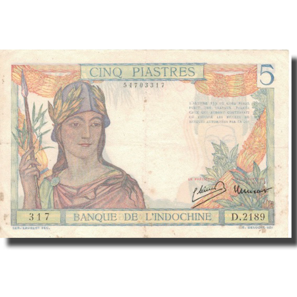 Biljet, FRANS INDO-CHINA, 5 Piastres, Undated (1936), KM:55c, TTB