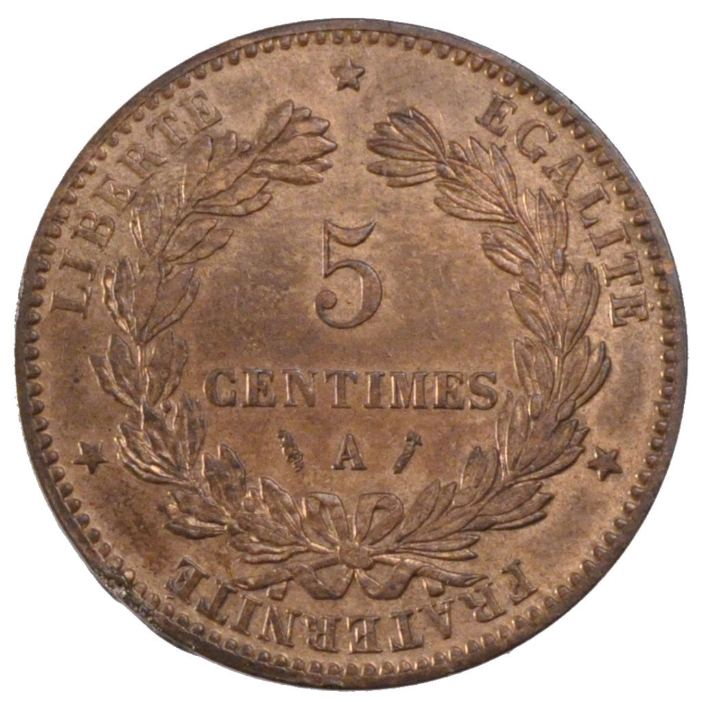 FRANCE, Cérès, 5 Centimes, 1884, Paris, KM #821.1, AU(55-58), Bronze, Gadoury #.