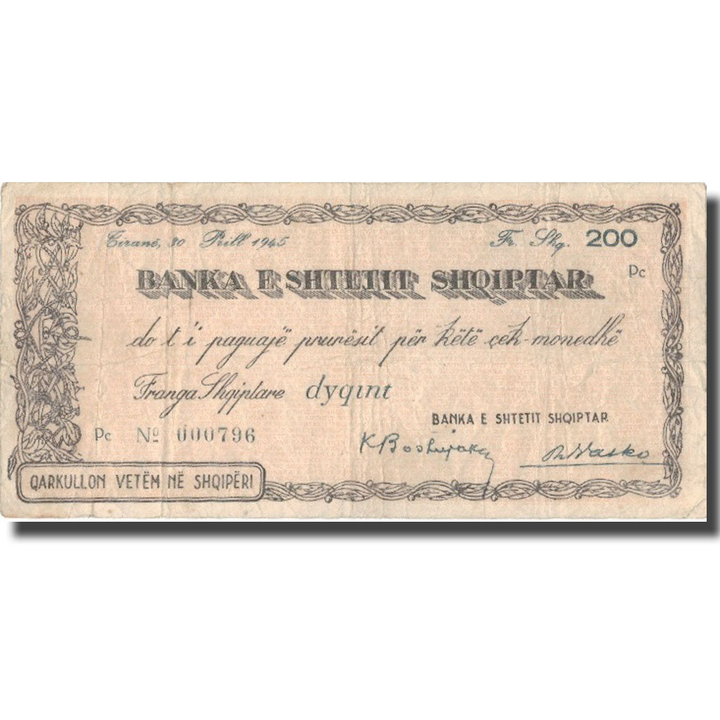 Billet, Albania, 200 Francs, 1945, 1945, TTB