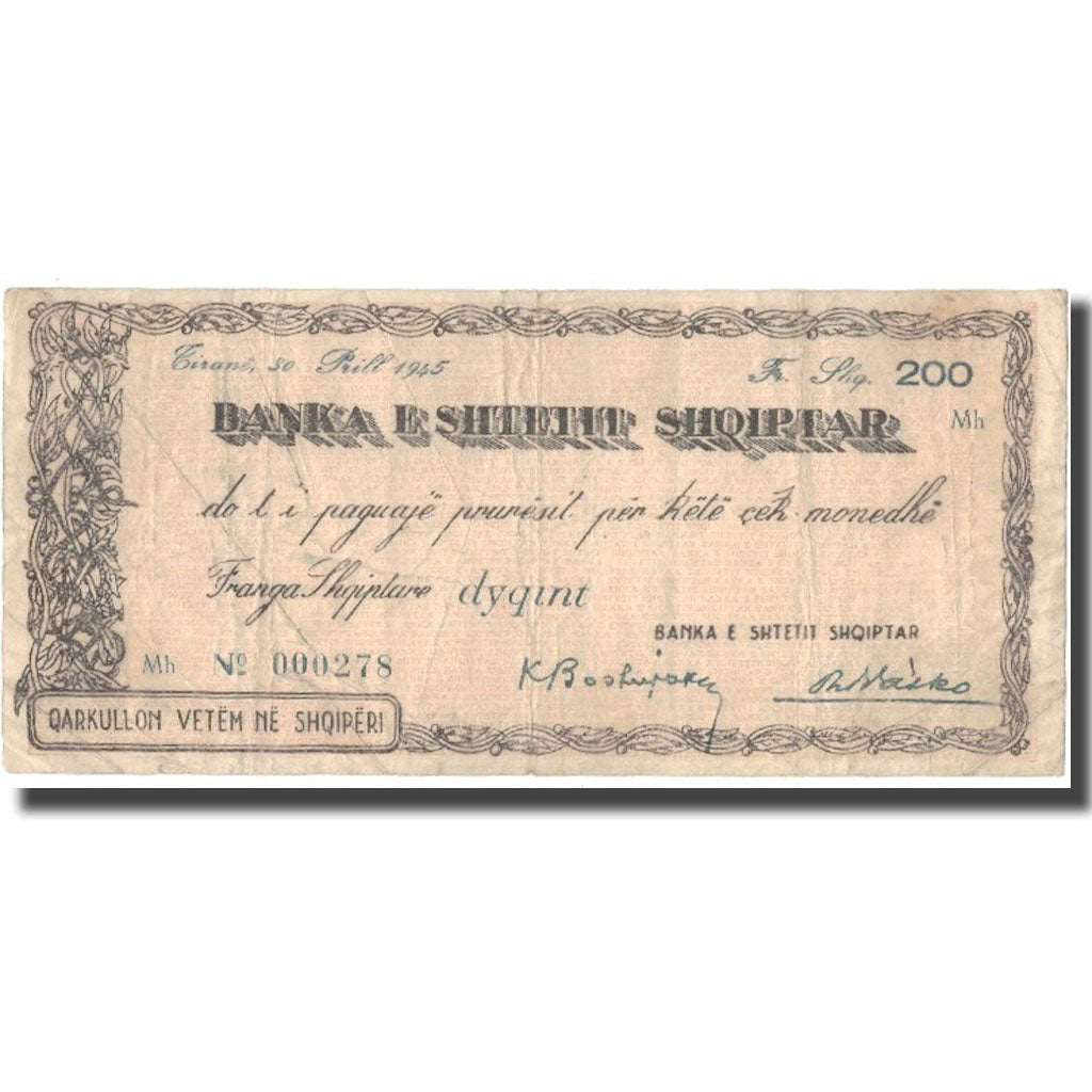 Banknote, Albania, 200 Francs, 1945, 1945, EF(40-45)