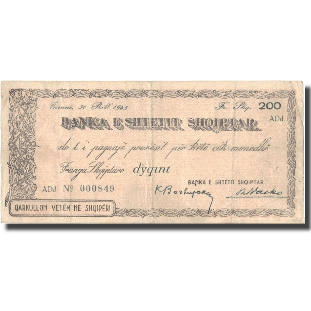 Banknote, Albania, 200 Francs, 1945, 1945, EF(40-45)