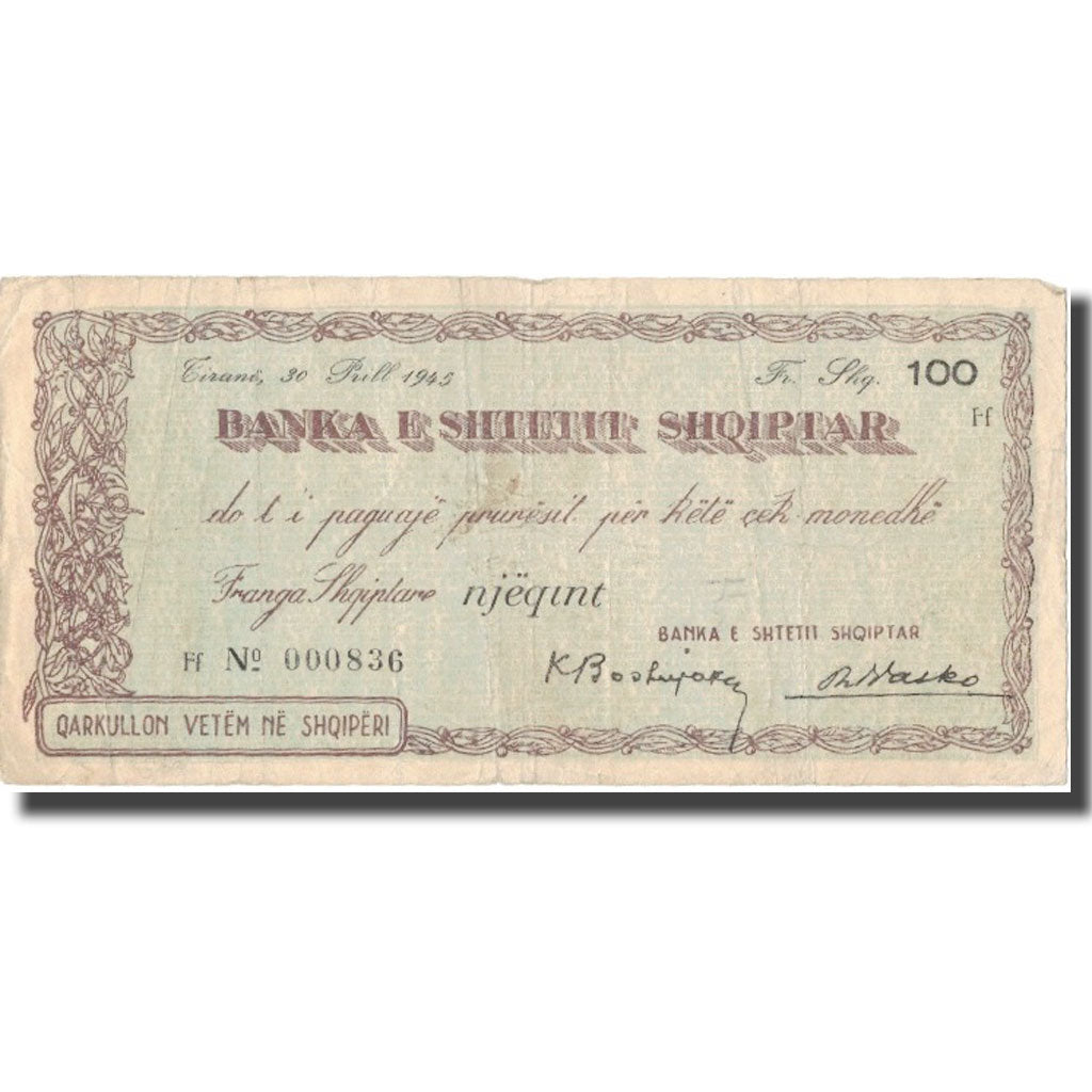 Banknote, Albania, 100 Franga, 1945, 1945, EF(40-45)