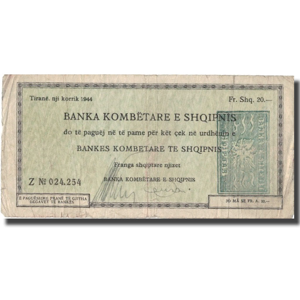 Banknote, Albania, 20 Franga, 1944, 1944, VF(30-35)
