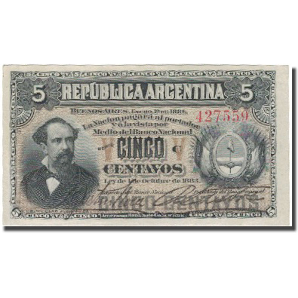 Banknote, Argentina, 5 Centavos, 1883, 1883-10-04, KM:5, AU(55-58)