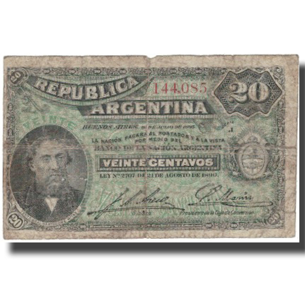 Banknote, Argentina, 20 Centavos, 1890, 1890-08-21, KM:229A, F(12-15)