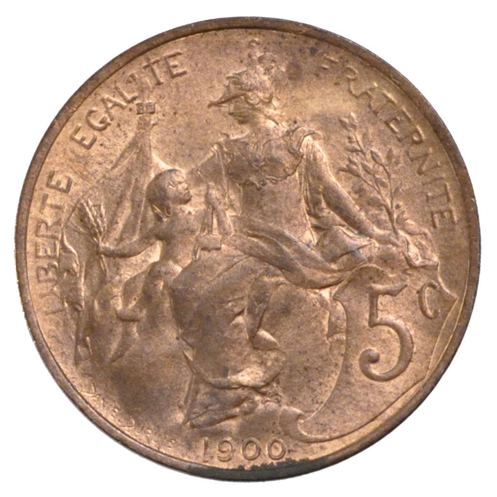 FRANCE, 5 Centimes, 1900, MS(60-62), Bronze, Gadoury #165, 5.00