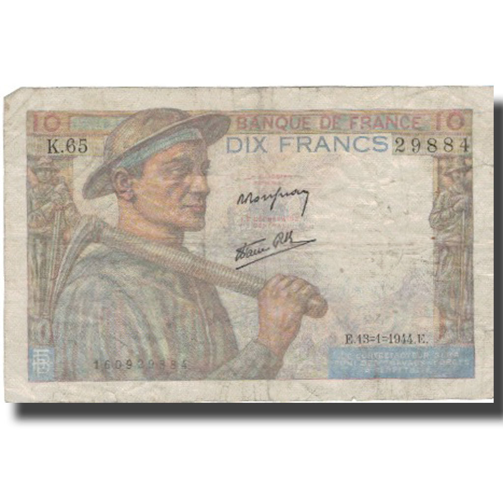 Francja, 10 Francs, Mineur, 1944, 1944-01-13, VF(20-25), Fayette:8.10, KM:99e