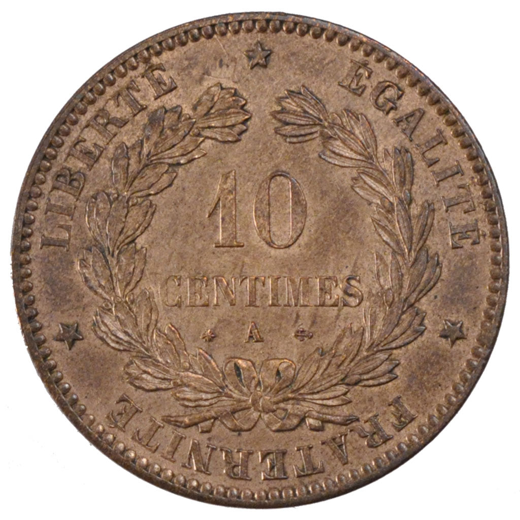 FRANCE, 10 Centimes, 1871, Paris, AU(55-58), Bronze, Gadoury #265, 9.98