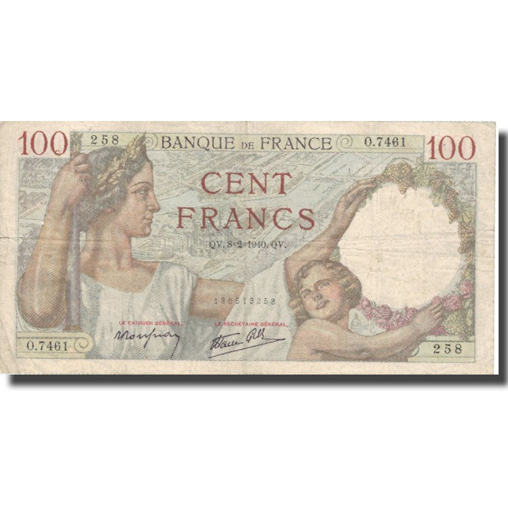 Francia, 100 Francs, 100 F 1939-1942 ''Sully'', 1940, 1940-02-08, MB, KM:94