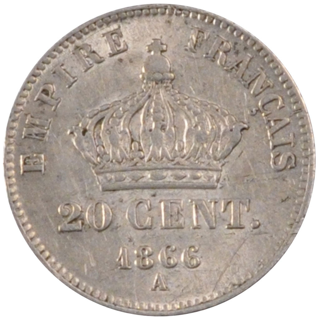FRANCE, Napoléon III, 20 Centimes, 1866, Paris, KM #805.1, AU(50-53), Silver, G.