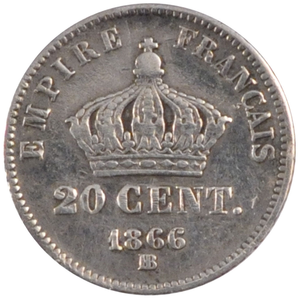 FRANCE, Napoléon III, 20 Centimes, 1866, Strasbourg, KM #805.2, VF(30-35), S...