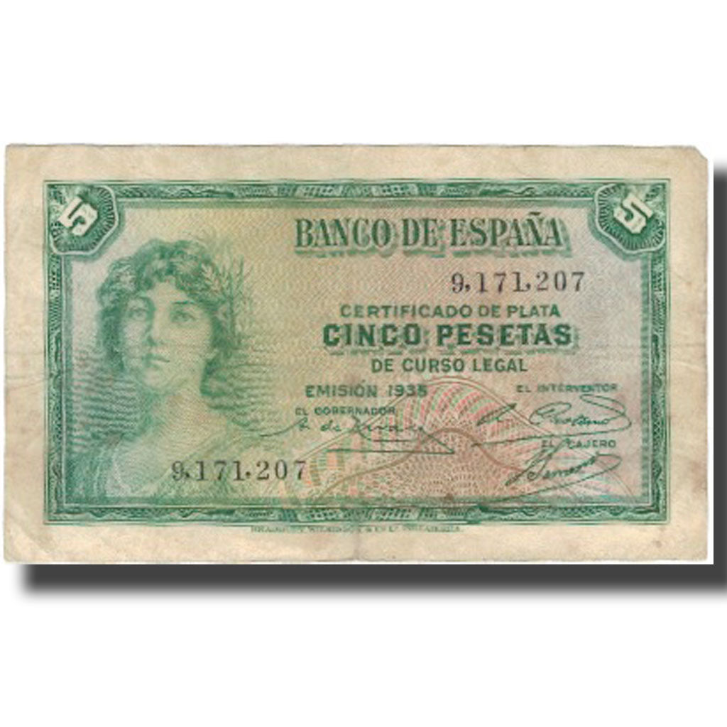 Biljet, Spanje, 5 Pesetas, 1935, 1935, KM:85a, TTB+