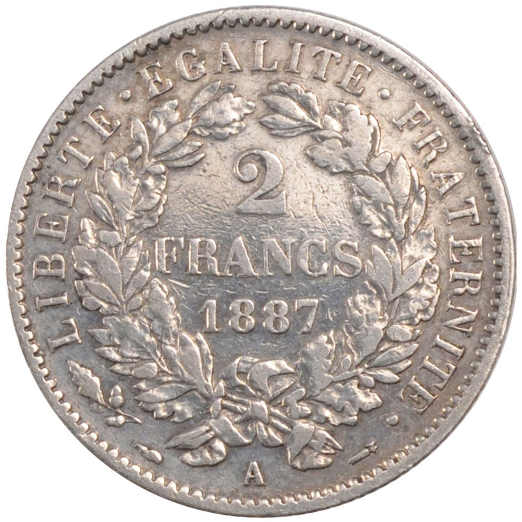 FRANCE, Cérès, 2 Francs, 1887, Paris, KM #817.1, EF(40-45), Silver, 27, Gadoury