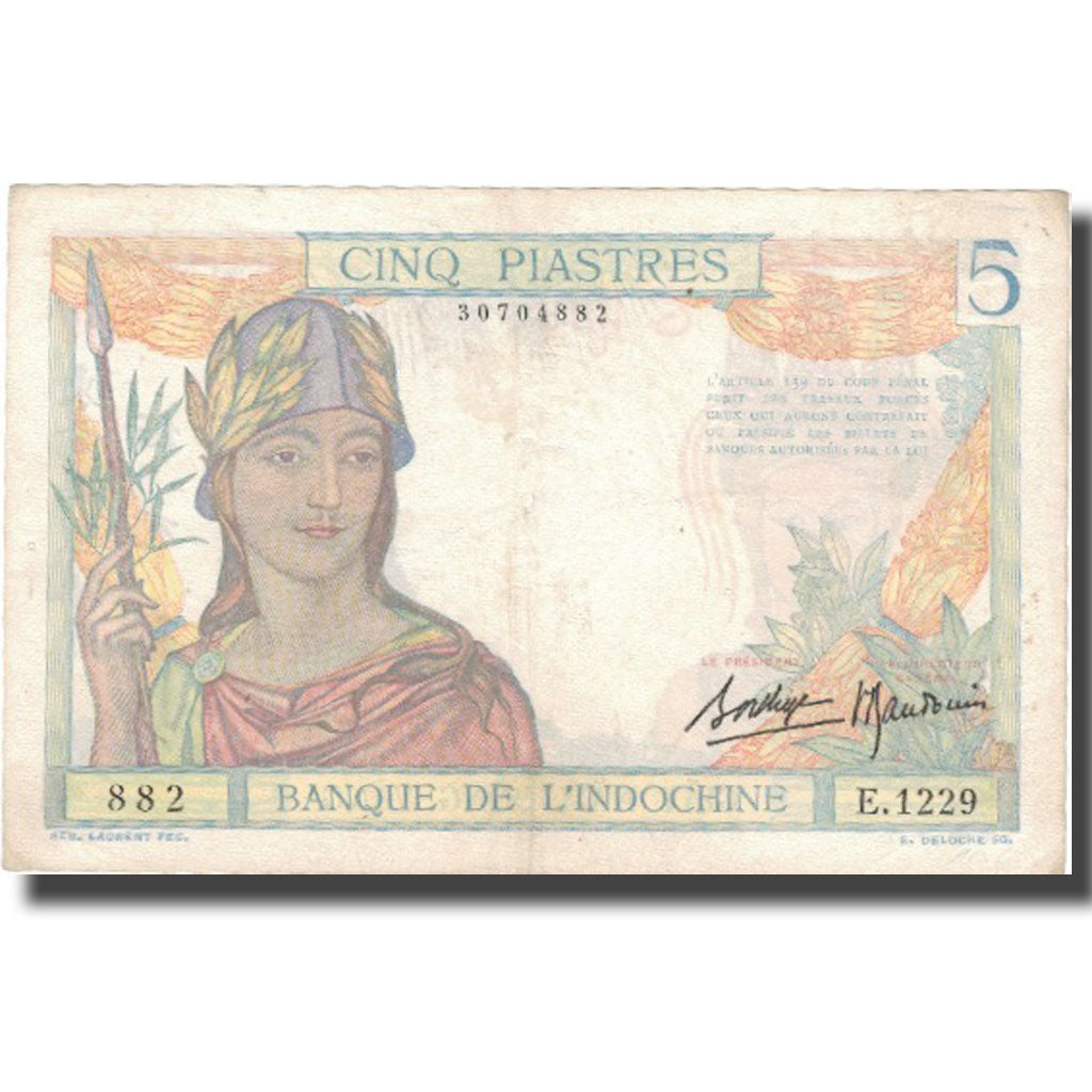 Banknot, FRANCUSKIE INDOCHINY, 5 Piastres, Undated (1936), Undated, KM:55b