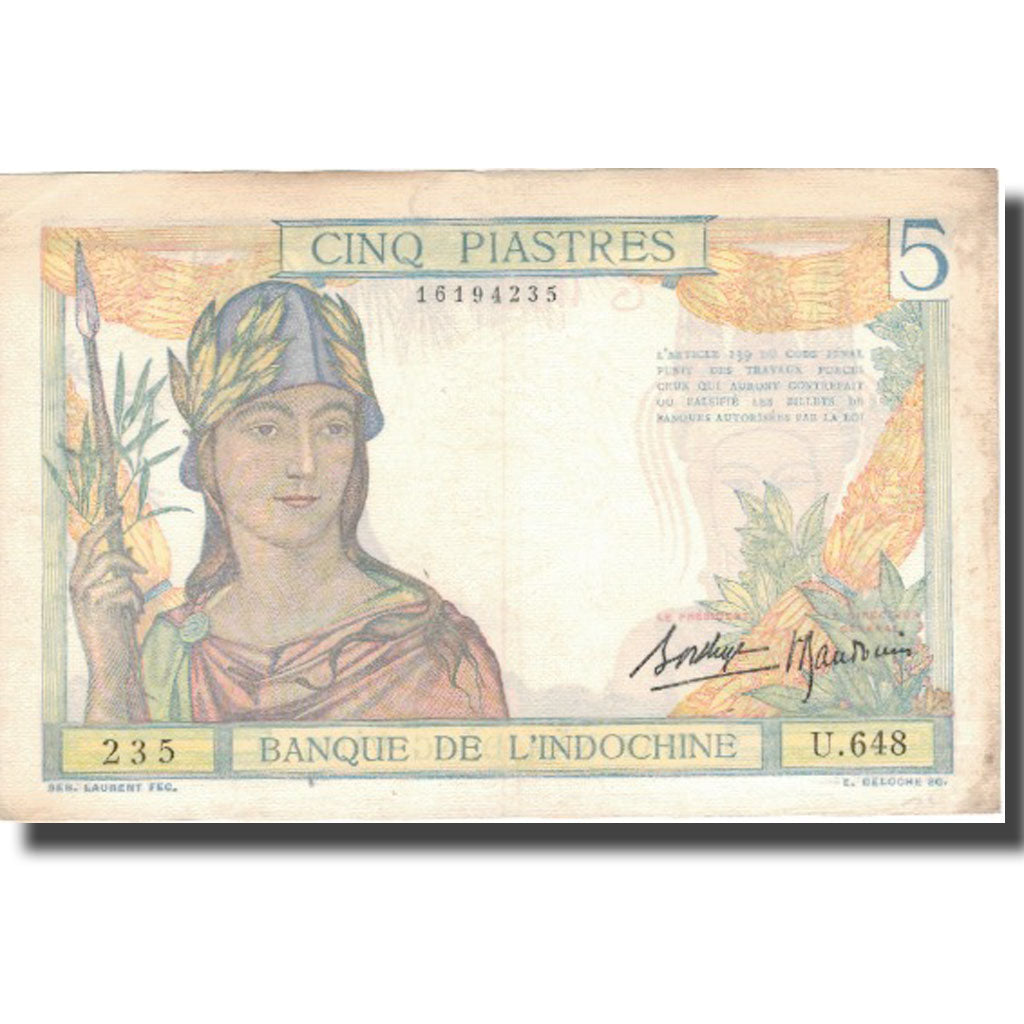 Banknot, FRANCUSKIE INDOCHINY, 5 Piastres, Undated (1936), Undated, KM:55b