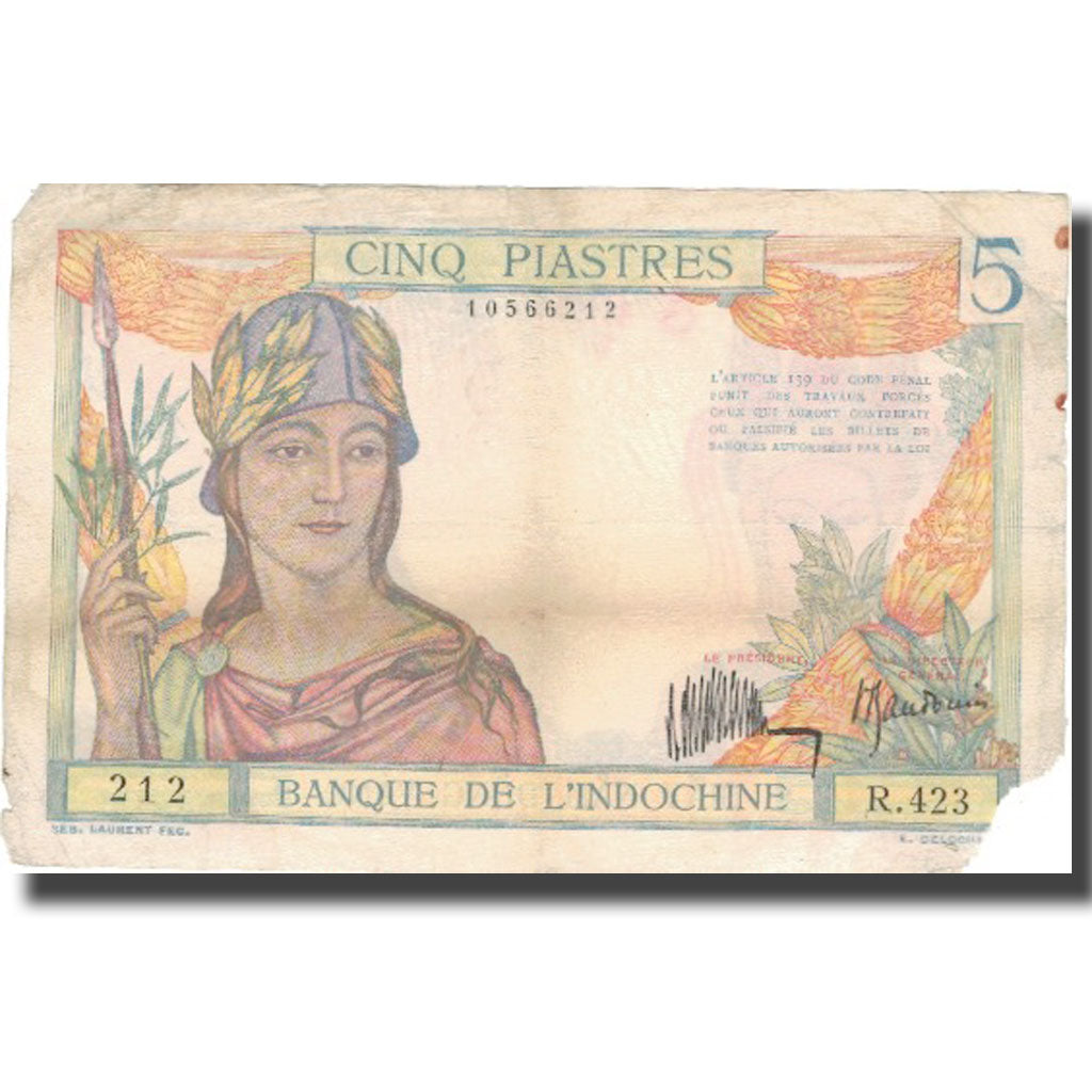 Banknote, FRENCH INDO-CHINA, 5 Piastres, Undated (1936), KM:55b, VG(8-10)