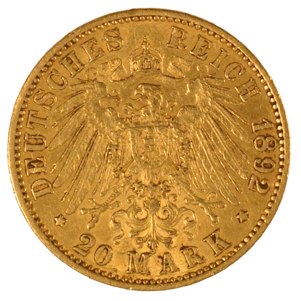 GERMAN STATES, 20 Mark, 1892, Berlin, KM #365, EF(40-45), Gold, 7.96